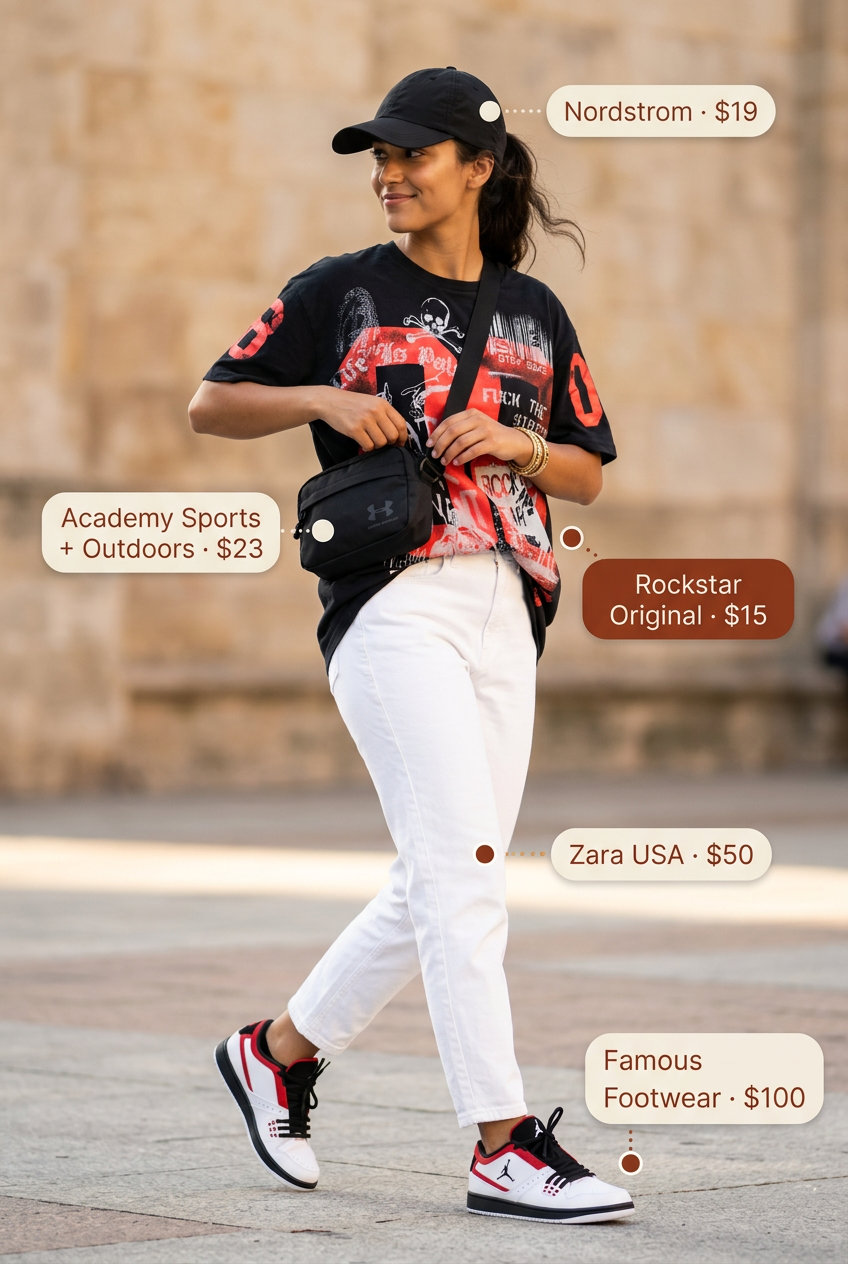 Athleisure Ease outfit with mom jeans, graphic tee, baseball cap, and fashion sneakers for summer 2026.