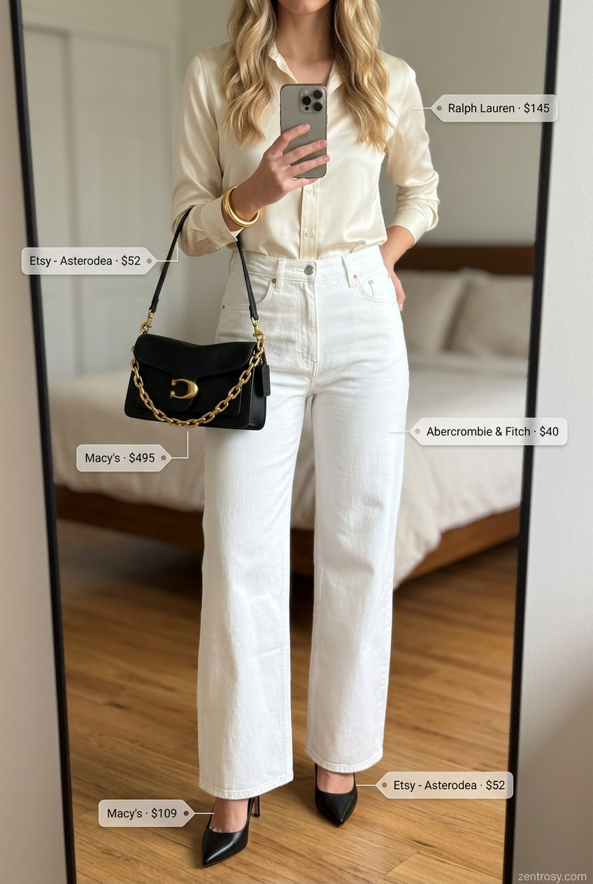 Summer White Jeans Outfits for Women 2026: Sophisticated cream silk blouse with wide-leg white jeans for city exploring.