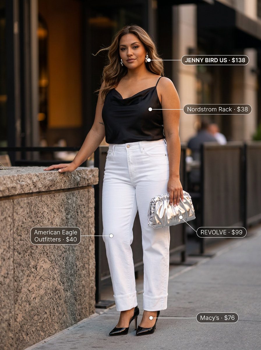 Chic Summer Evening outfit with white slim-fit jeans, satin camisole, and stiletto heels for women 2026.