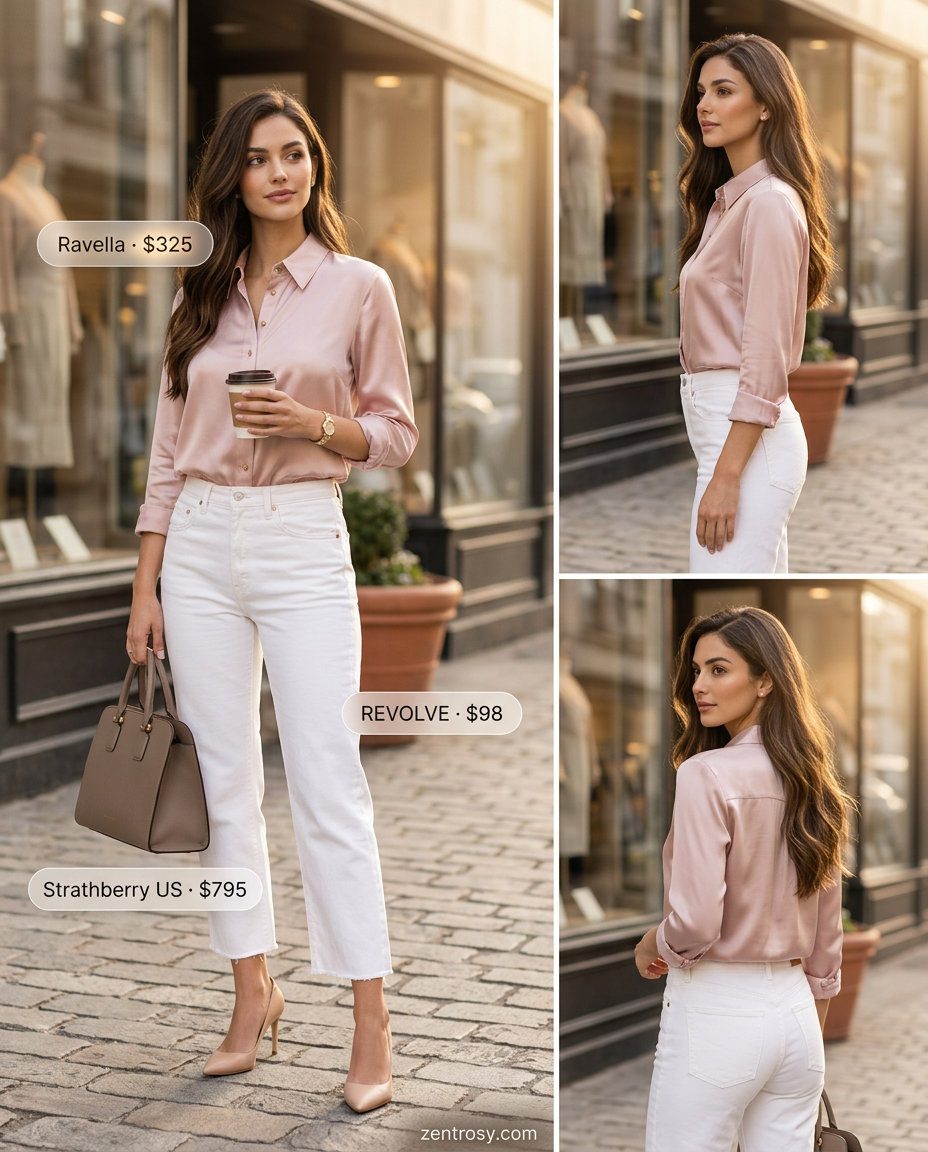 Chic Summer Workwear outfit with white jeans, blush pink silk blouse, and pointed-toe pumps for women 2026.