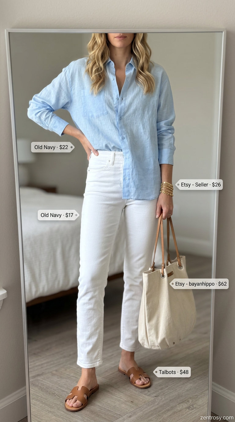 Summer White Jeans Outfits for Women 2026: Effortless coastal look with white jeans, linen shirt, and leather slides.