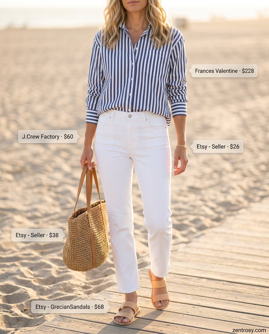 Summer White Jeans Outfits for Women 2026: Relaxed coastal look with white jeans, navy stripe shirt, and straw tote.