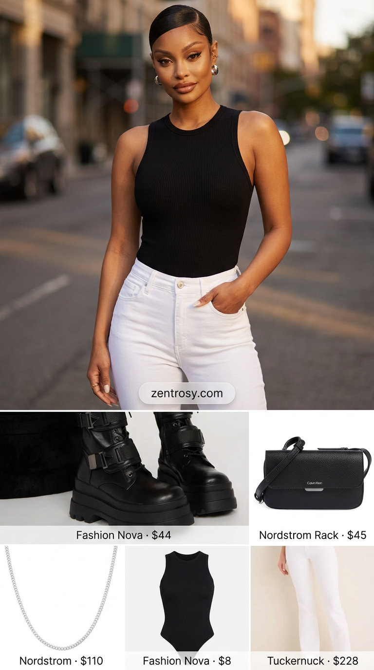 Summer White Jeans Outfits for Women 2026: Modern utility style with white jeans, black bodysuit, and combat boots.