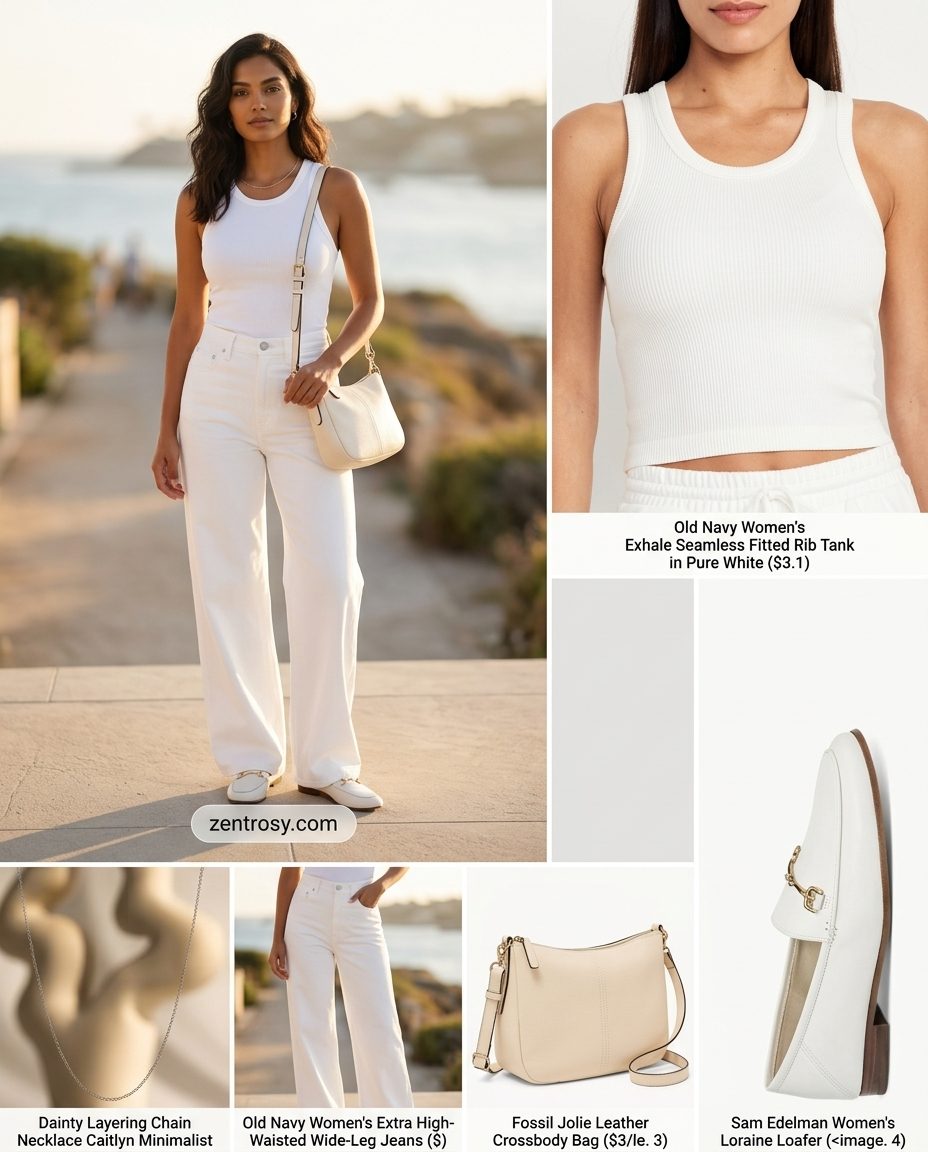 Summer White Jeans Outfits for Women 2026: All-white monochrome outfit with white jeans, tank top, and loafers.