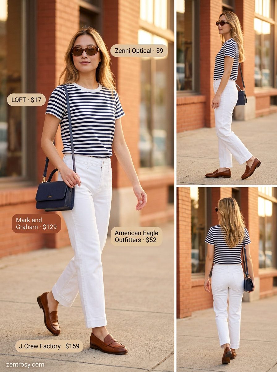 Summer White Jeans Outfits for Women 2026: Preppy look with white jeans, striped knit top, and penny loafers.