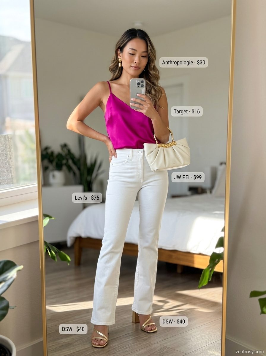 Summer White Jeans Outfits for Women 2026: Vibrant coral camisole with white bootcut jeans for a summer party.