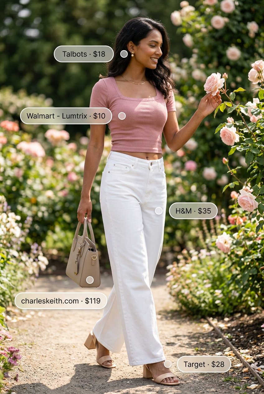 Sweet Summer Romance outfit with white jeans, pastel pink knit top, and block-heel sandals for women 2026.