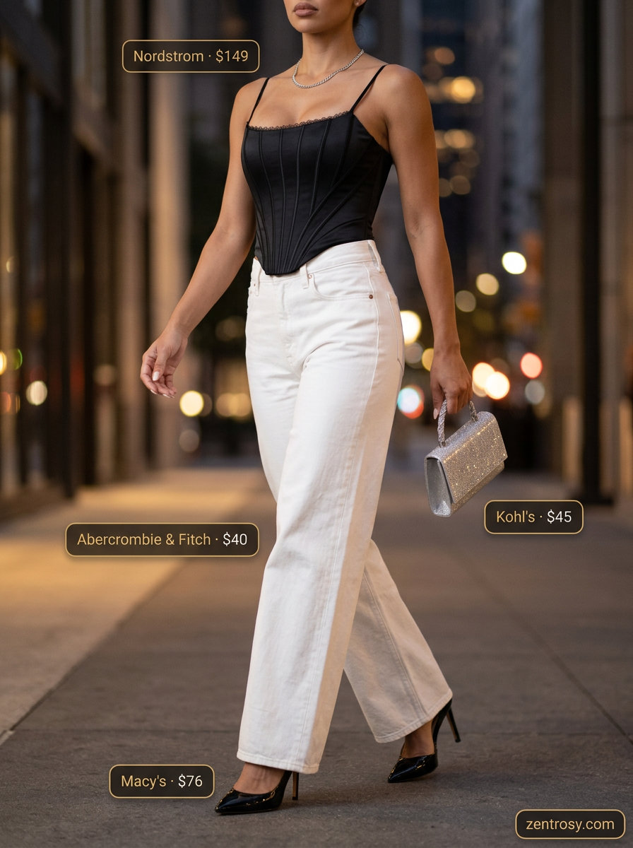Summer White Jeans Outfits for Women 2026: Edgy black corset top with wide-leg white jeans for a night out.