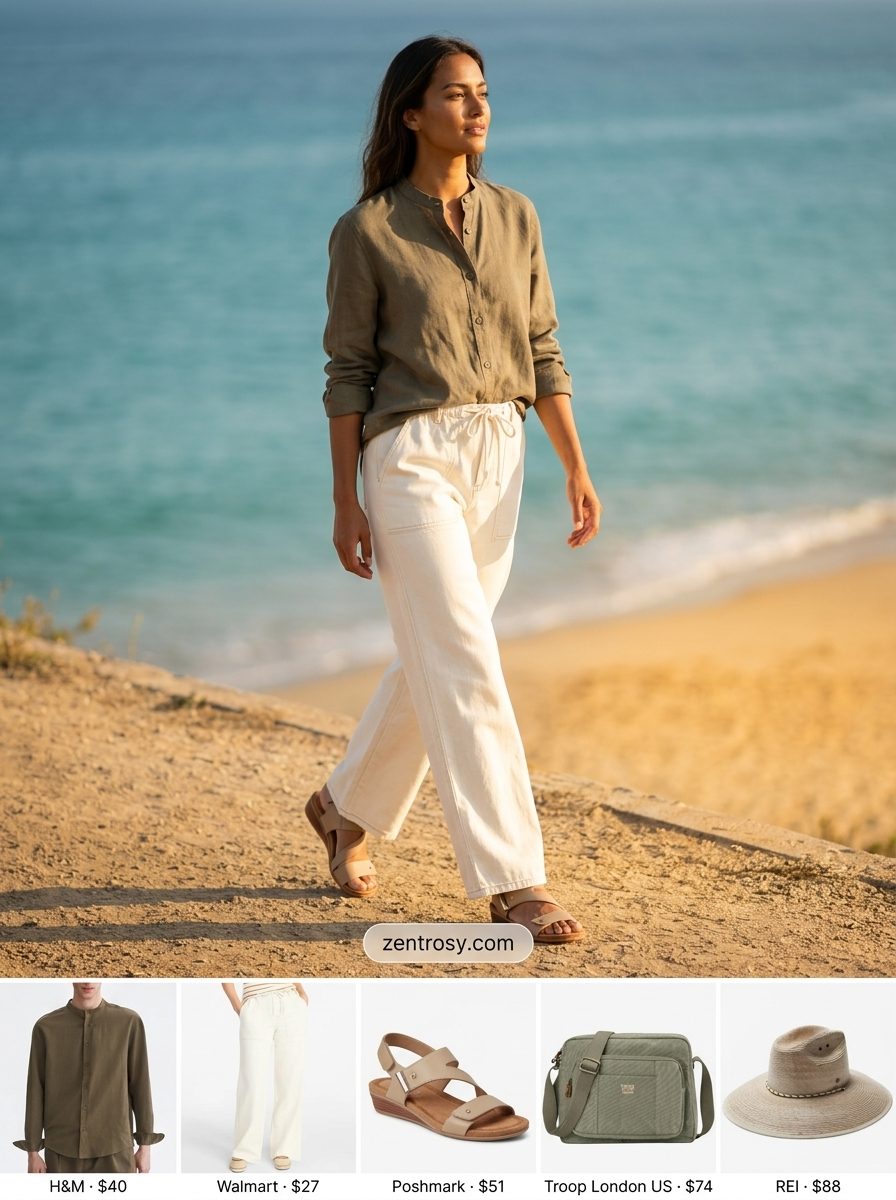 Weekend Explorer outfit with white jeans, olive green linen shirt, straw hat, and leather sandals for summer 2026 travel.