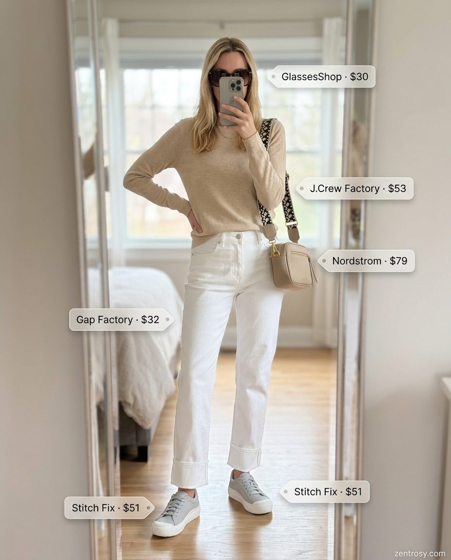 Weekend Getaway outfit with relaxed straight-leg white jeans, knit sweater, and fashion sneakers for summer 2026.