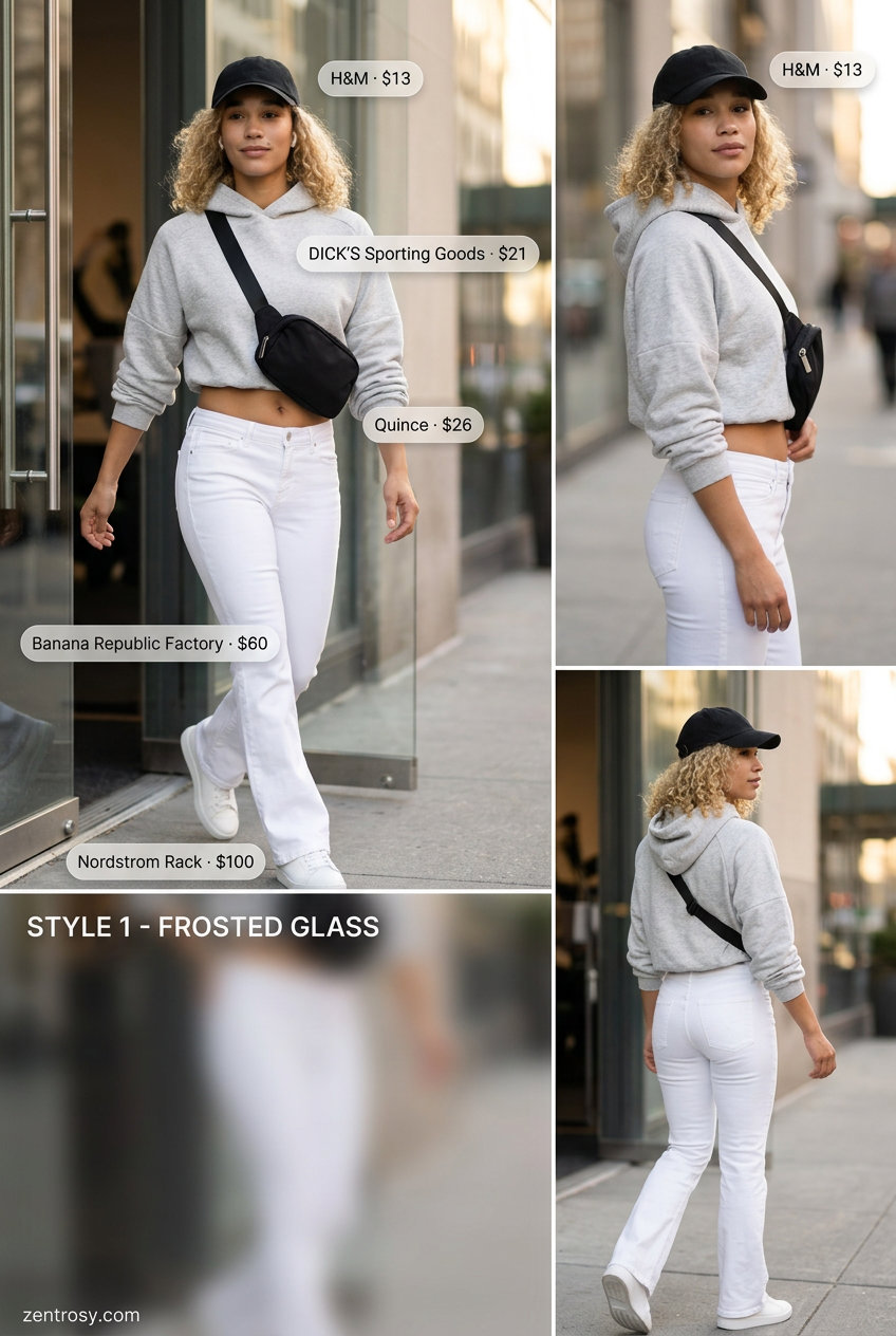 Athleisure cool outfit featuring slim-fit white jeans, a cropped grey hoodie, and white sneakers. Summer White Jeans Outfits for Women 2026.