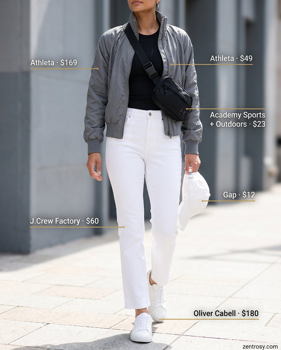 Sporty athleisure outfit with white denim jeans, a black tank, and white sneakers. Summer White Jeans Outfits for Women 2026.