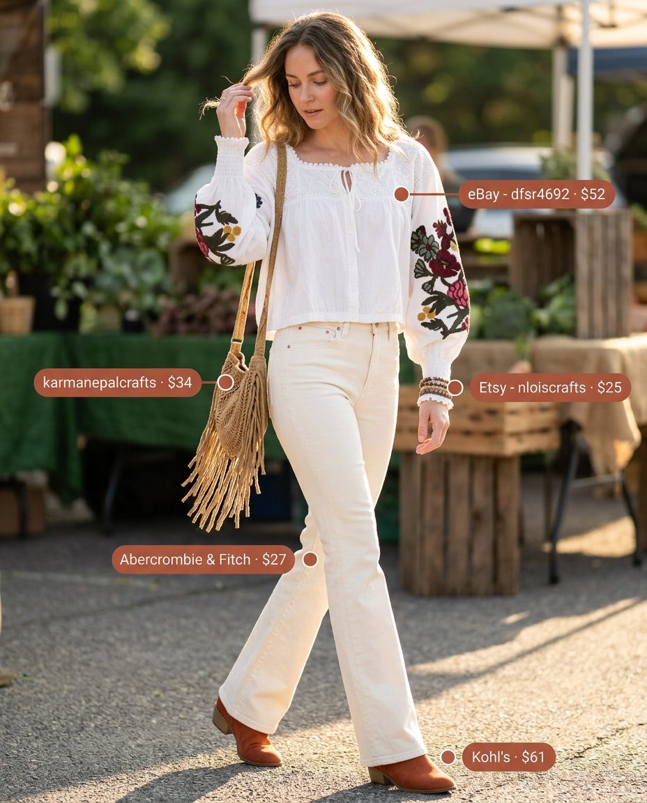 Boho summer dream outfit with bootcut white jeans, an embroidered peasant blouse, and fringe bag. Summer White Jeans Outfits for Women 2026.