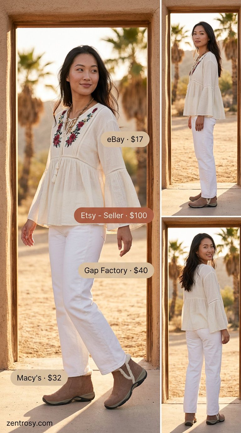 Relaxed boho summer vibes with straight-leg white jeans, a flowy embroidered blouse, and suede boots. Summer White Jeans Outfits for Women 2026.