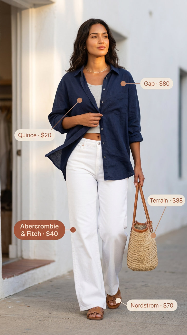 Effortless coastal breeze outfit with wide-leg white jeans, a navy linen shirt, and slide sandals. Summer White Jeans Outfits for Women 2026.