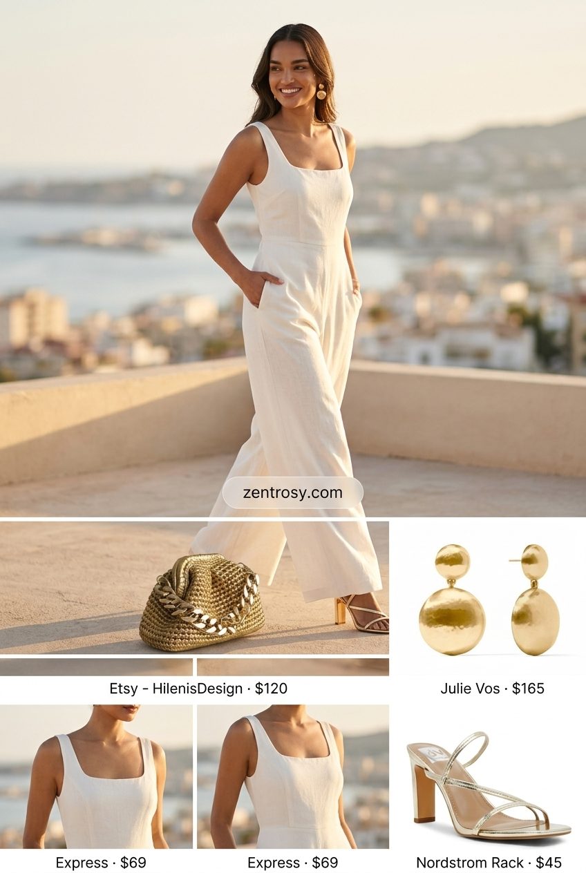 Elegant white jumpsuit for a summer soiree, paired with gold sandals and clutch. Summer White Jeans Outfits for Women 2026.