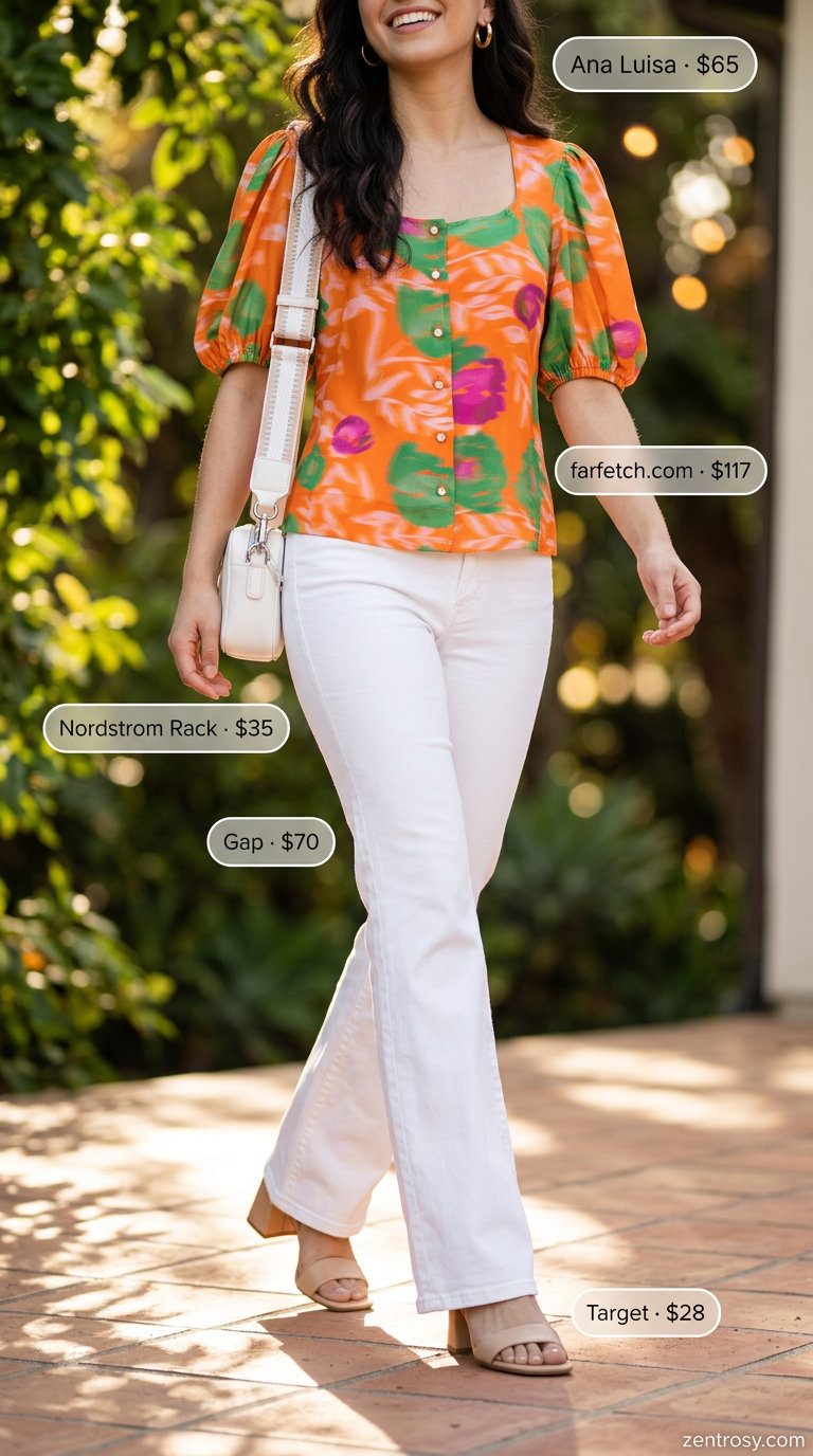 Festive summer party outfit with flare white jeans and a vibrant printed blouse. Summer White Jeans Outfits for Women 2026.