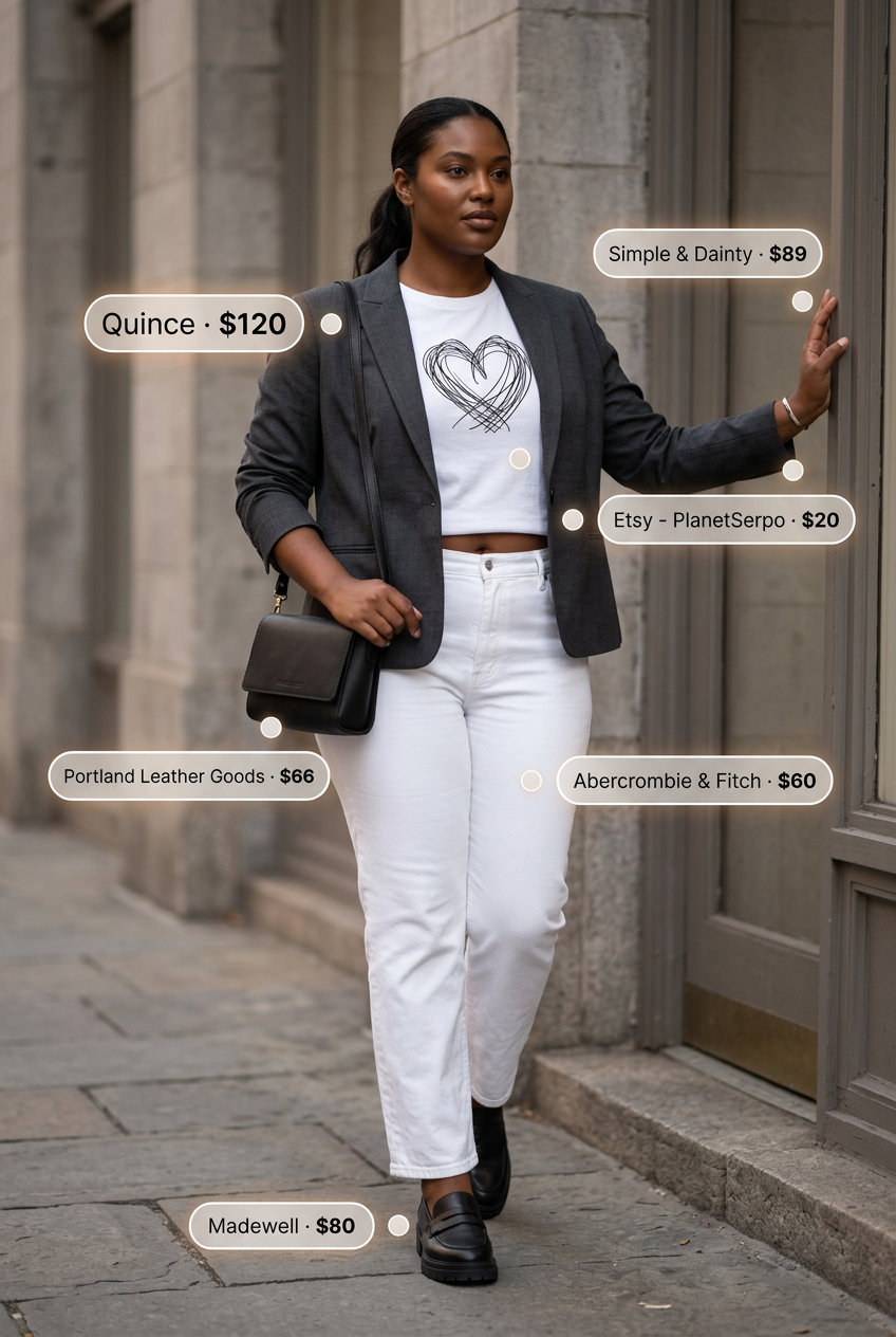 Chic urban explorer outfit with high-rise white jeans, a graphic tee, and a tailored blazer. Summer White Jeans Outfits for Women 2026.