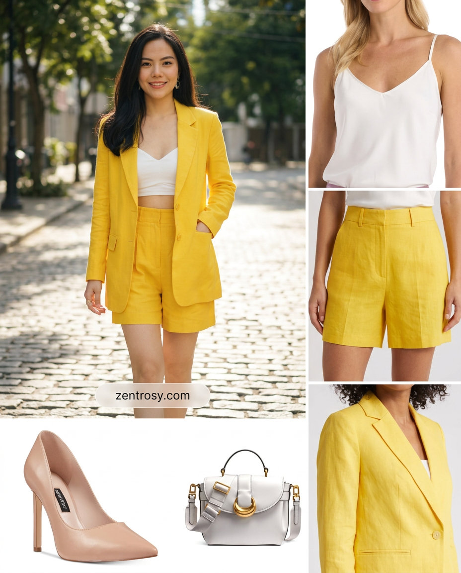 Summer yellow outfit for women 2026: Bright yellow linen shorts suit with white camisole and nude heels for an event.