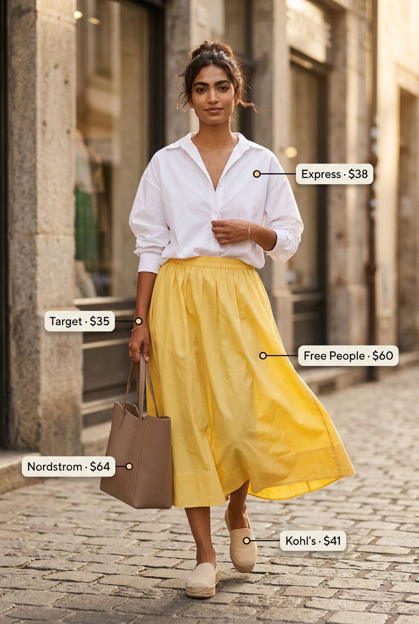 Summer yellow outfit for women 2026: Butter yellow midi skirt with white button-down shirt and espadrille flats.