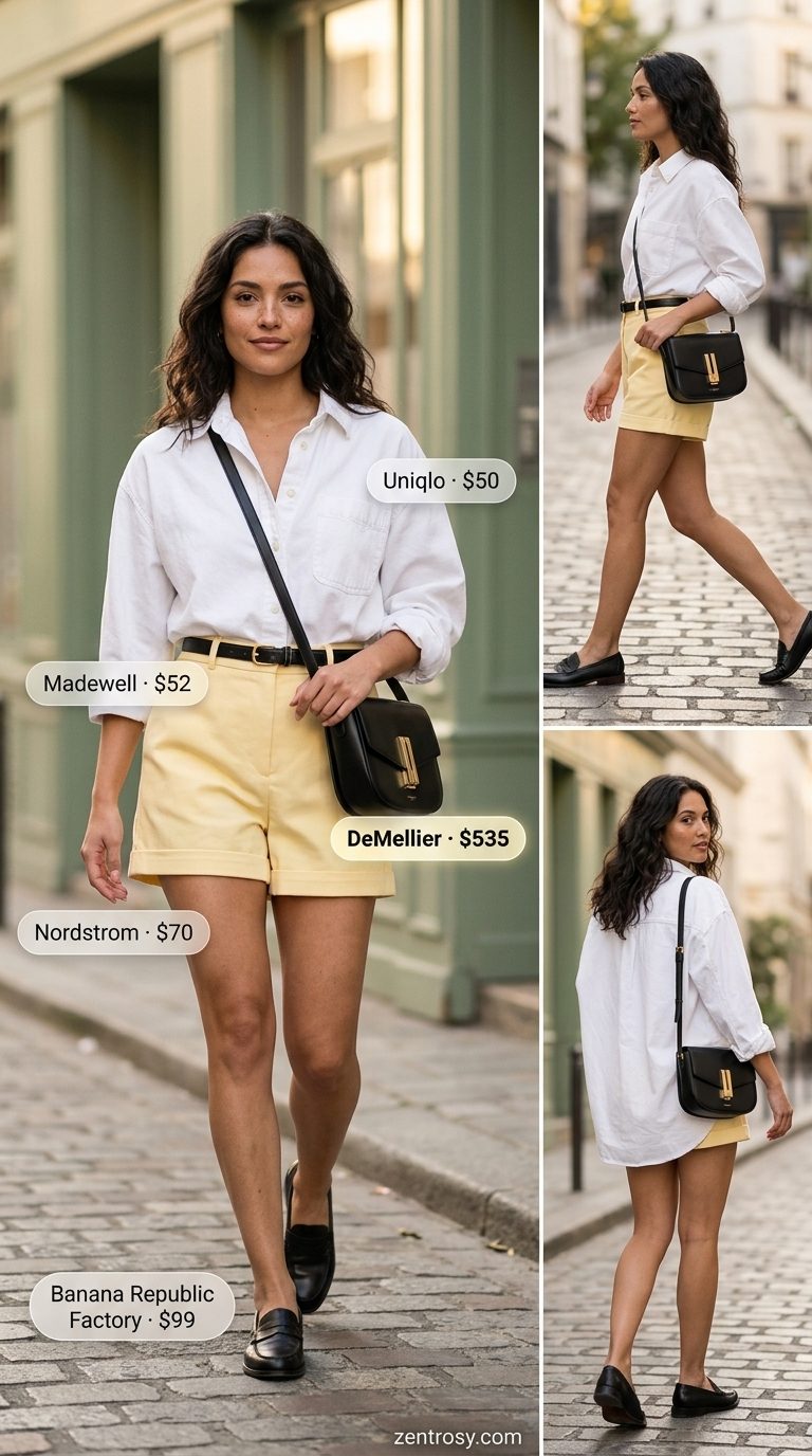 Summer yellow outfit for women 2026: Butter yellow tailored shorts with white oversized shirt and loafers for city chic.