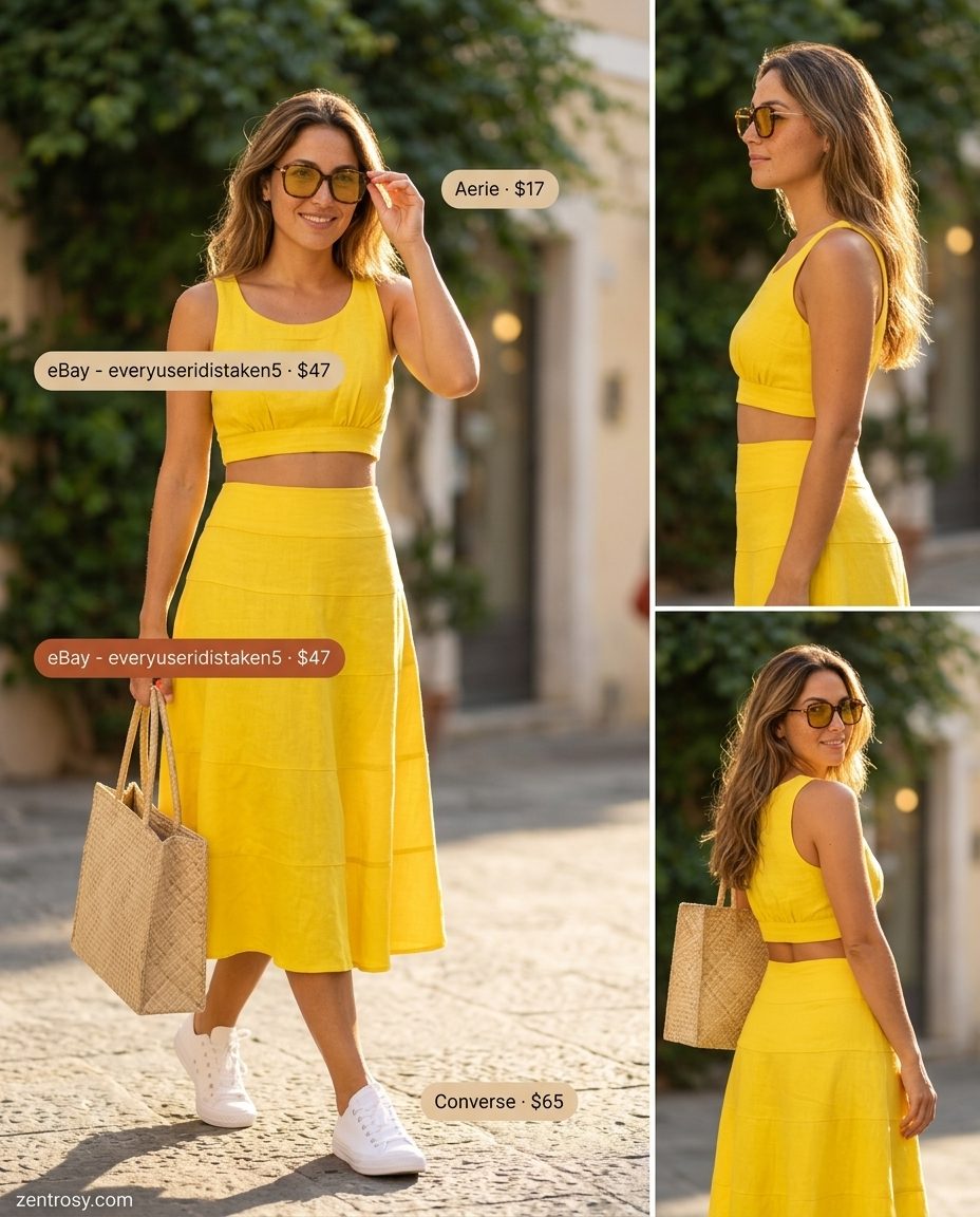 Summer yellow outfit for women 2026: Citrus yellow skirt set with white sneakers and straw tote for a festival look.