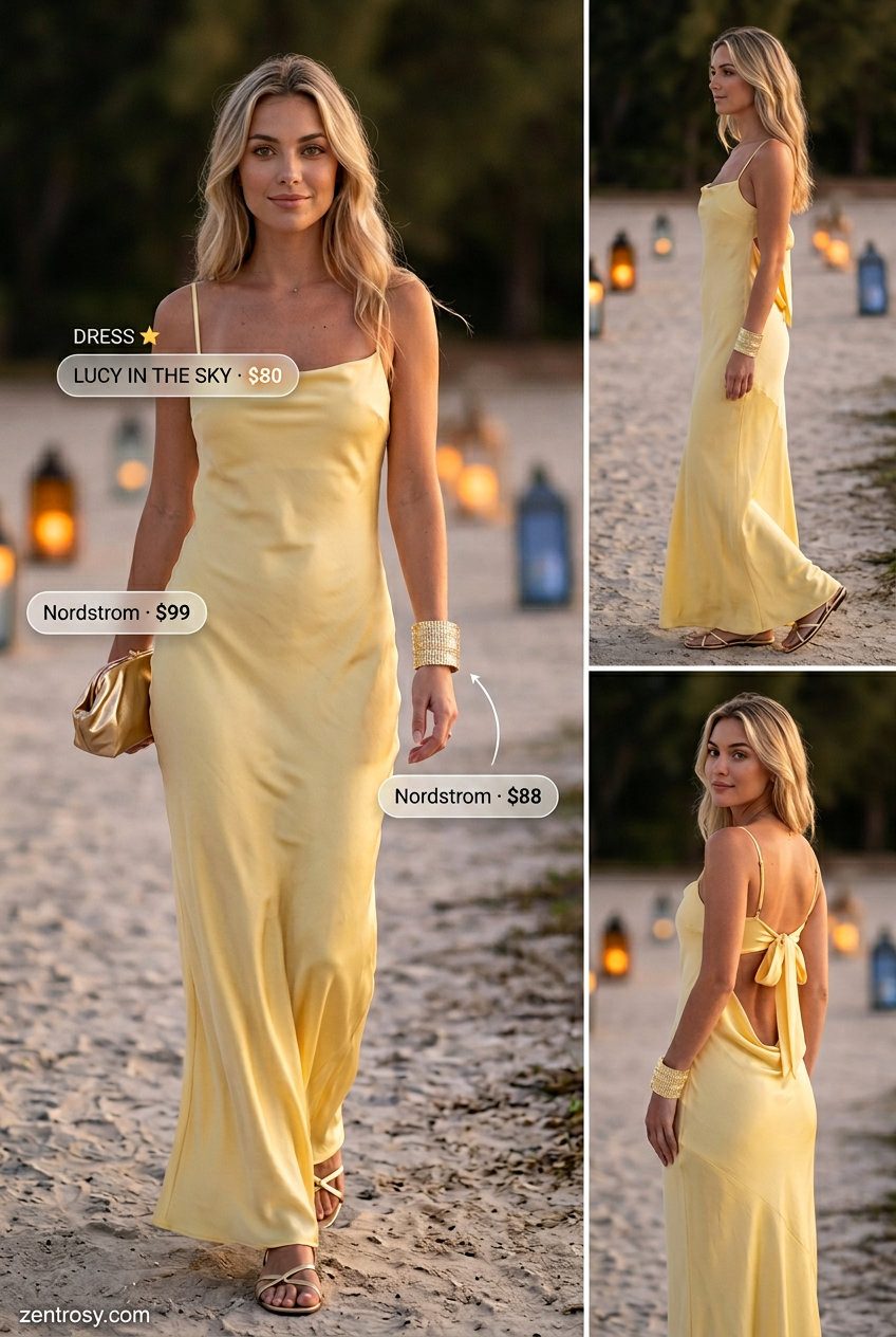 Summer yellow outfits for women 2026: Golden yellow satin maxi dress with empire waist, gold cuff, and metallic sandals for a summer party.