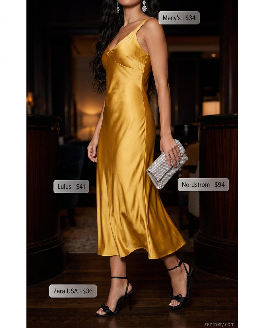 Summer yellow outfits for women 2026: Golden yellow satin slip dress with black sandals and silver embellished clutch for a wedding guest.