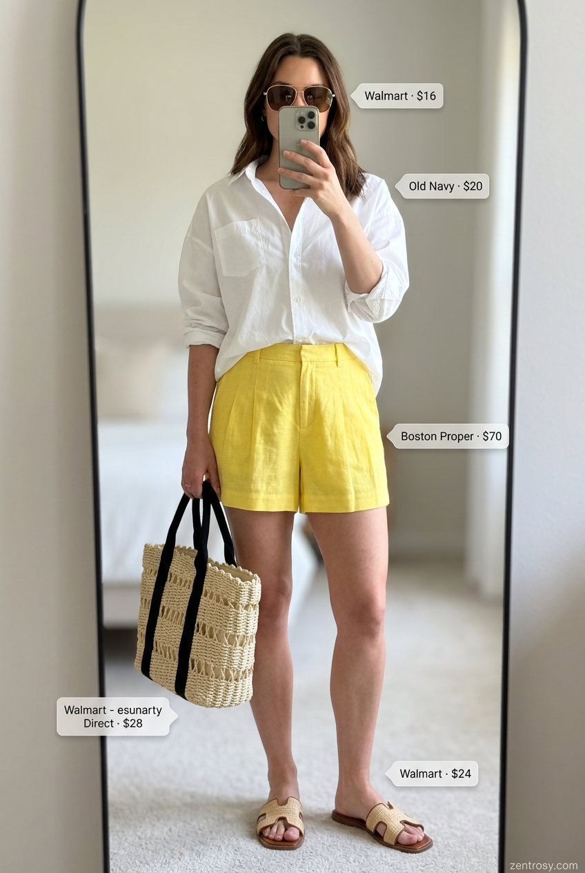 Summer yellow outfits for women 2026: Lemon yellow linen shorts, white oversized shirt, raffia slides, and straw tote for a casual day out.