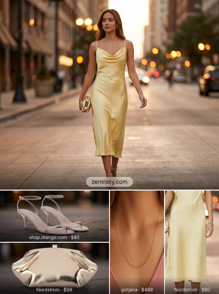Summer yellow outfits for women 2026: Pale lemon yellow satin slip dress with cowl neck, gold jewelry, and nude sandals for evening drinks.