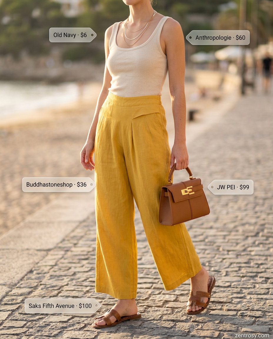 Summer Yellow Outfits for Women 2026: Marigold yellow wide-leg linen pants, cream tank, leather slides, and crossbody bag for relaxed daytime style.