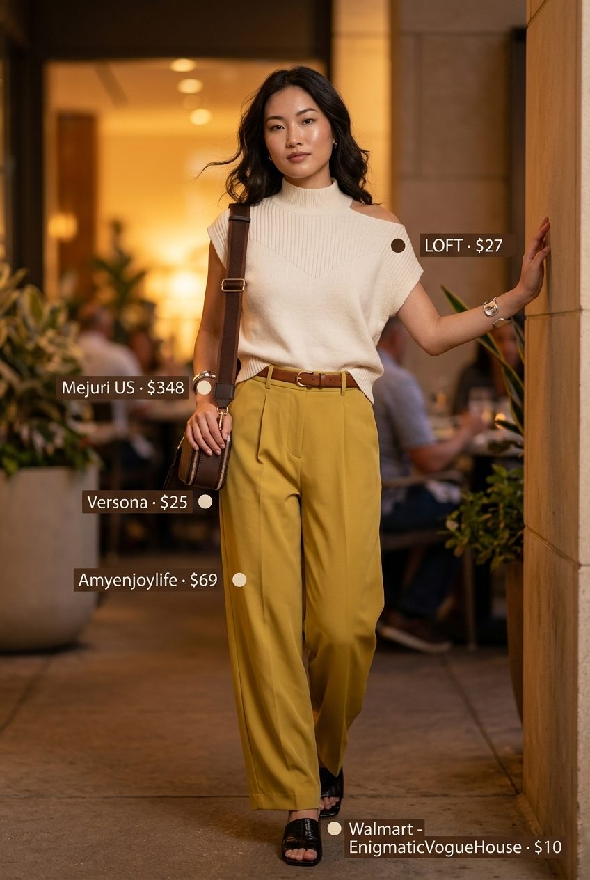 Summer Yellow Outfits for Women 2026: Mustard yellow wide-leg pants, cream knit top, black mules for a chic dinner date.