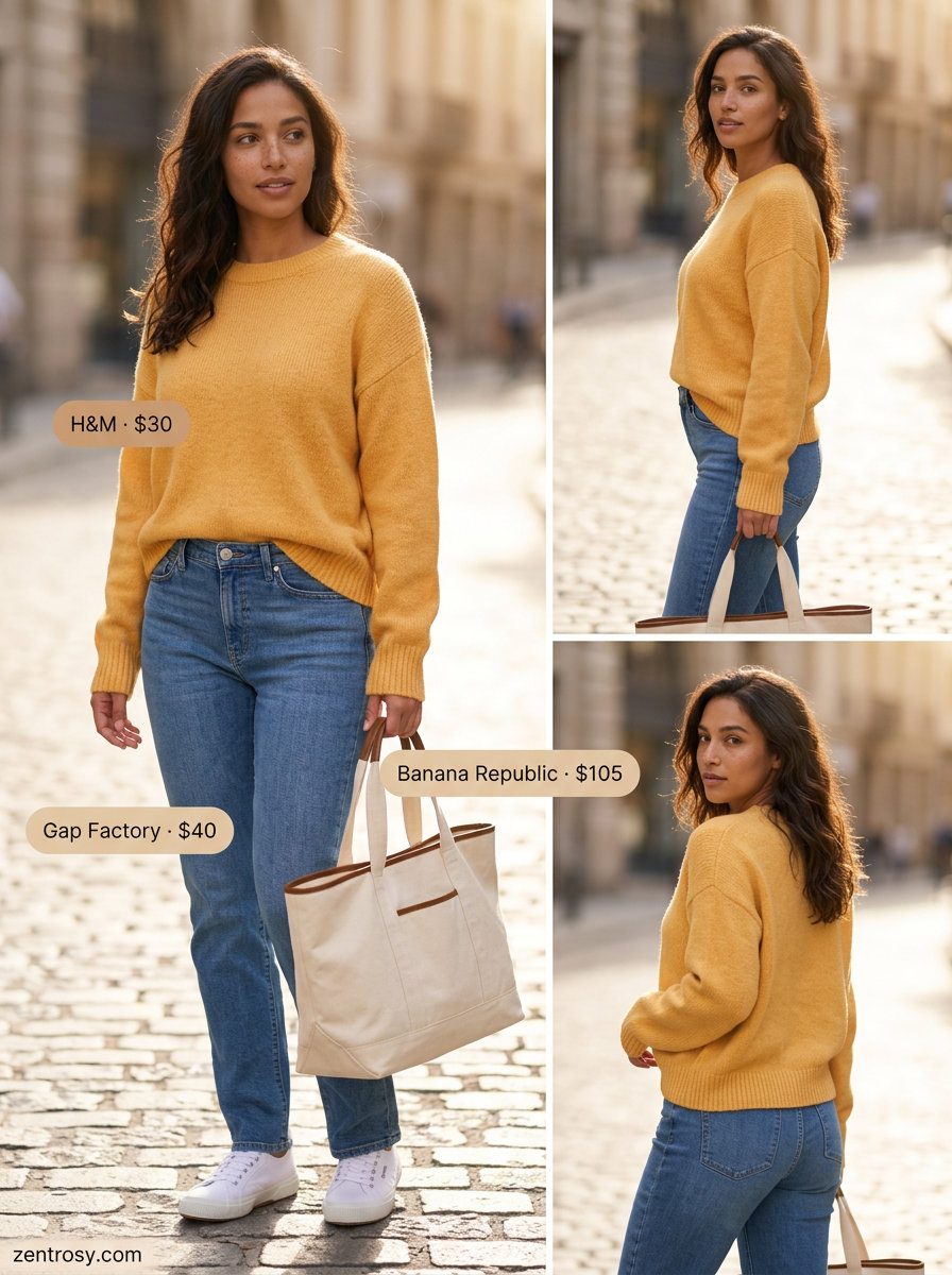 Summer yellow outfit for women 2026: Mustard yellow sweater with denim jeans and white sneakers for casual comfort.