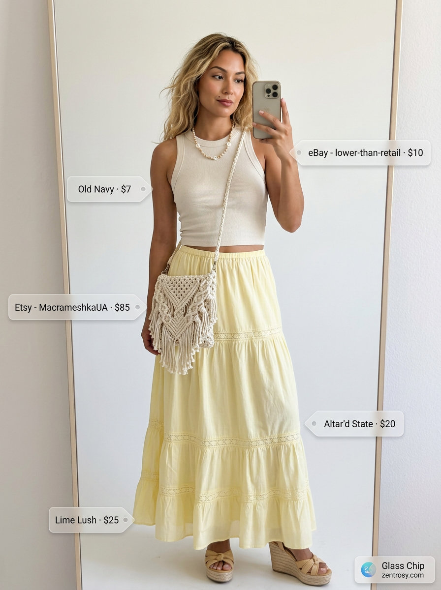 Summer yellow outfit for women 2026: Pale yellow maxi skirt with white tank top and macrame bag for beach vacation.