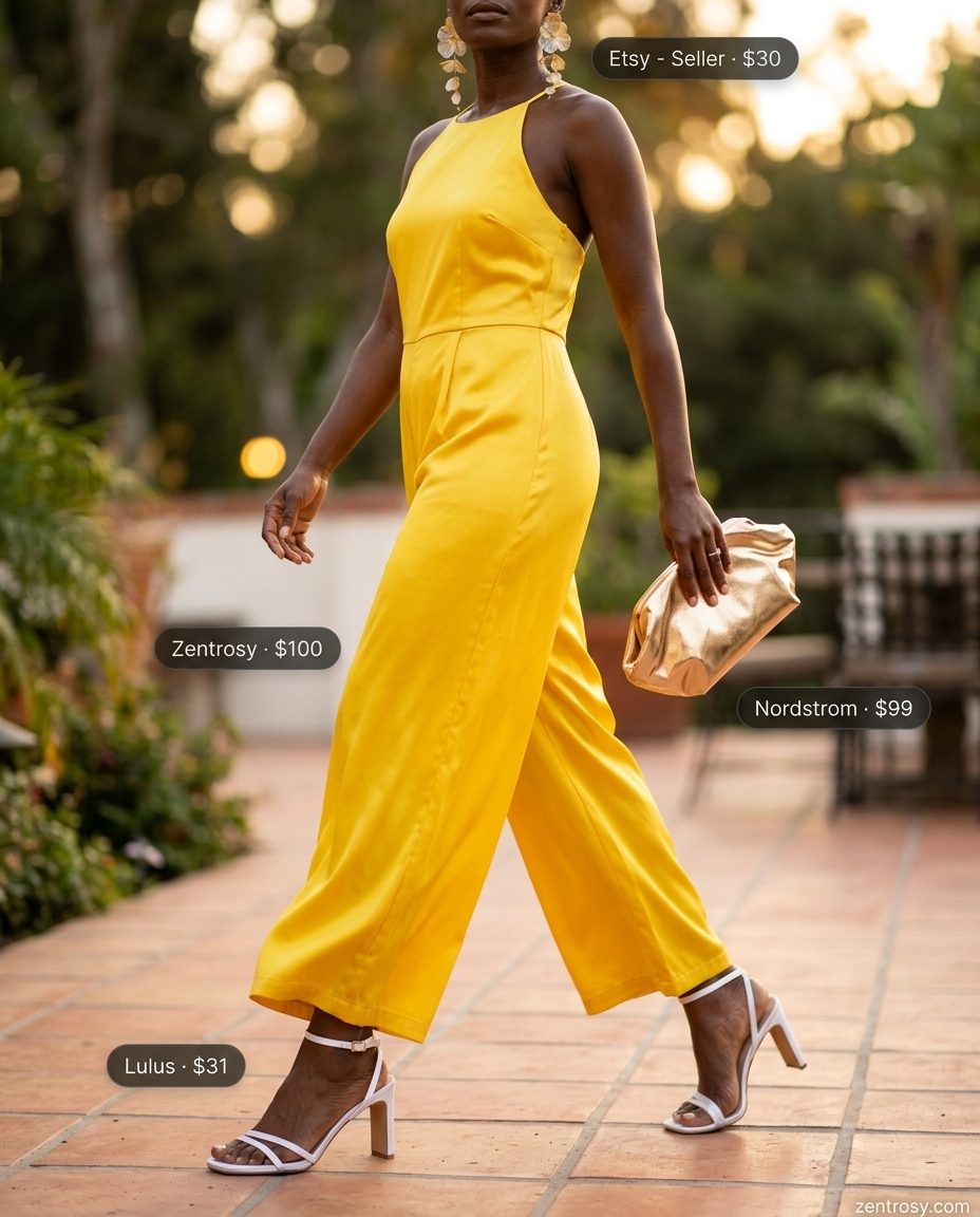 Summer yellow outfits for women 2026: Sunshine yellow wide-leg jumpsuit with V-neck, gold earrings, and white sandals for a dinner date.