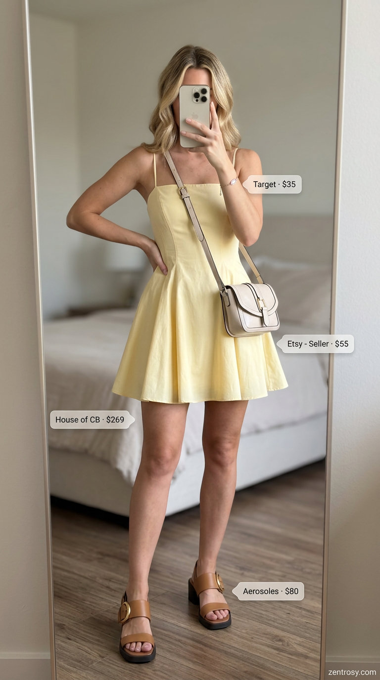Summer yellow outfit for women 2026: Sunshine yellow mini dress with tan sandals and crossbody bag for brunch.