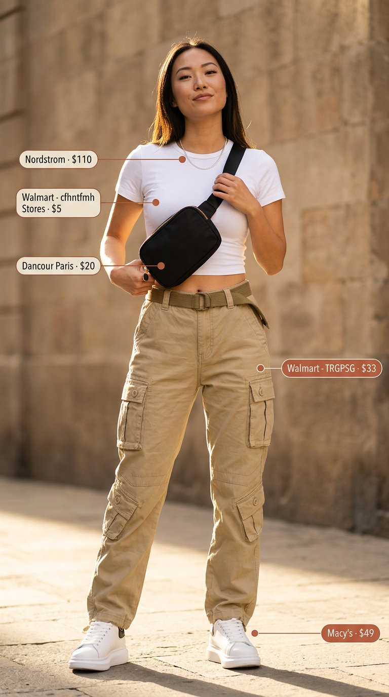 Summer Yellow Outfits for Women 2026: Bright yellow cargo pants, white crop top, black belt bag, and chunky sneakers for edgy street style.