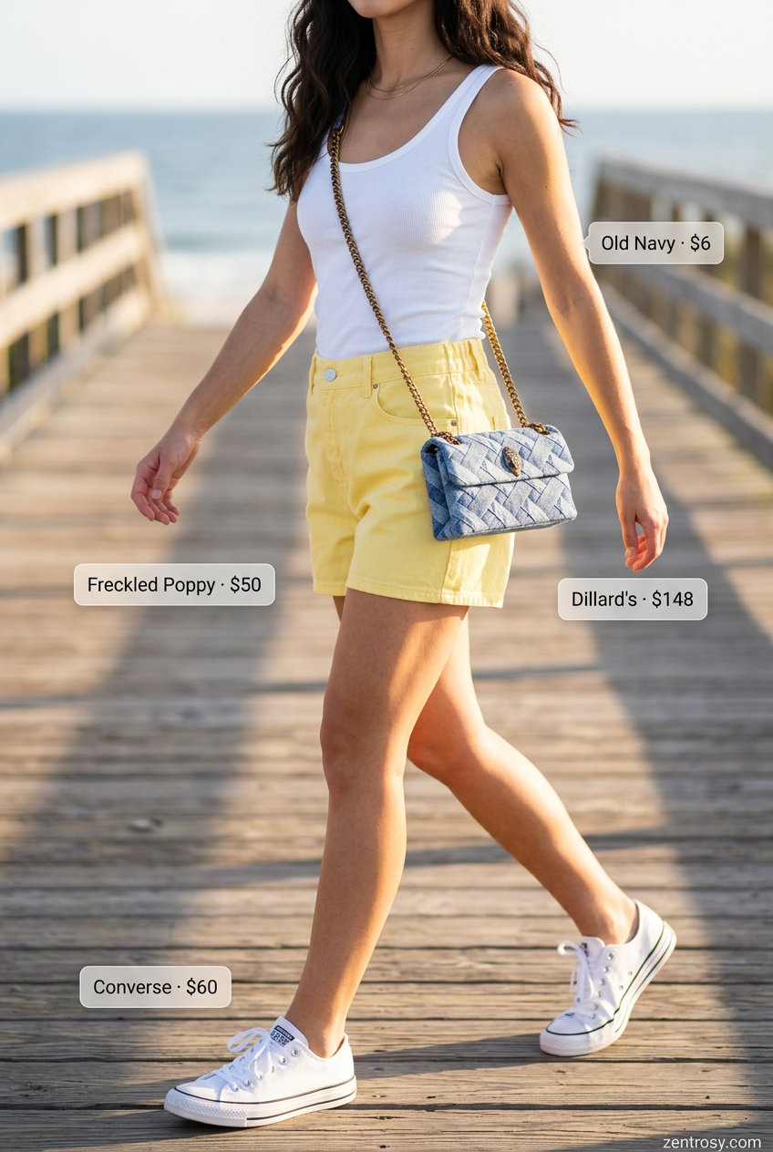 Summer Yellow Outfits for Women 2026: Bright yellow denim shorts, white tank, oversized linen shirt, and denim bag for casual fun.