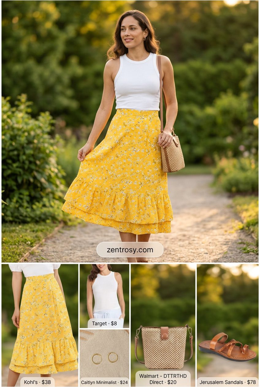 Summer Yellow Outfits for Women 2026: Yellow floral midi skirt, white tank, braided sandals, and straw crossbody for a charming casual look.