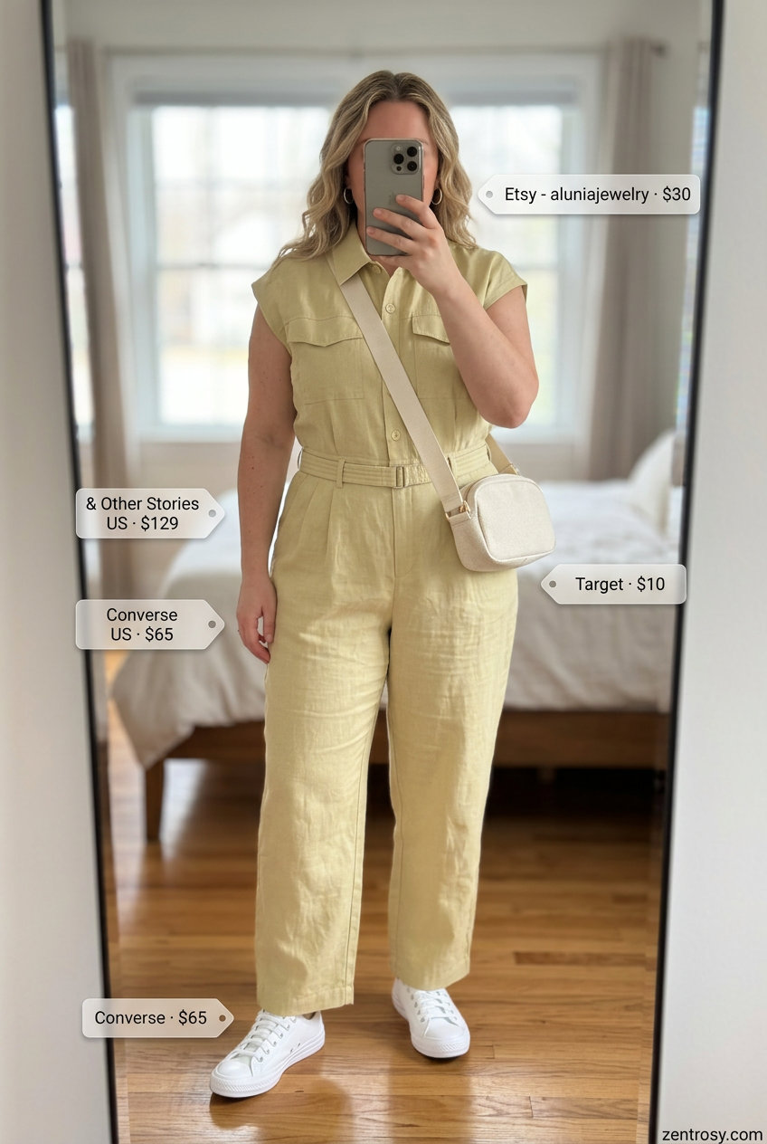 Summer Yellow Outfits for Women 2026: Soft butter yellow utility jumpsuit, white leather sneakers, and canvas belt bag for practical chic.