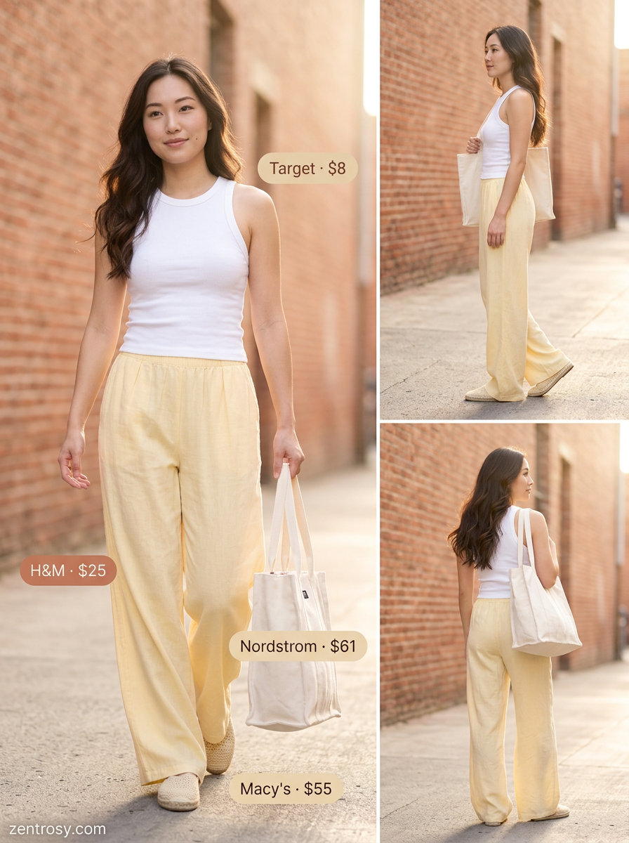Summer Yellow Outfits for Women 2026: Soft pastel yellow linen pants, white tank, espadrilles, and straw hat for a breezy casual day.