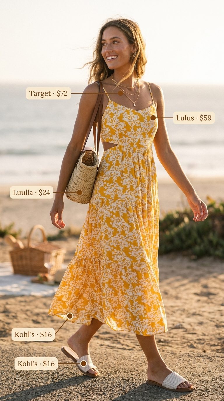 Summer Yellow Outfits for Women 2026: Daffodil yellow floral midi sundress, straw tote, and flat slide sandals for a joyful daytime look.