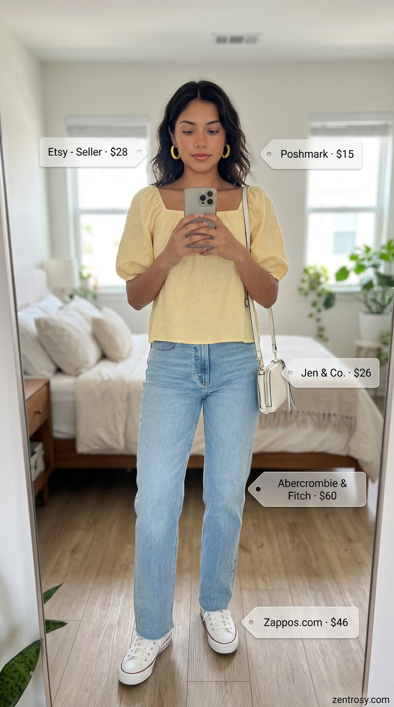 Summer yellow outfits for women 2026: Bright yellow puff sleeve top with blue denim jeans, white sneakers, and a crossbody bag.