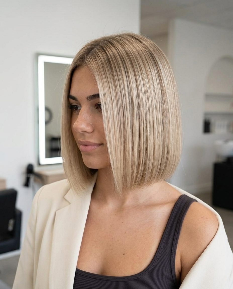 Minimalist Sun-Drenched Beige Bob 2026 chin-length blunt bob with sun-drenched beige blonde, high-shine gloss, no bangs — minimalist
