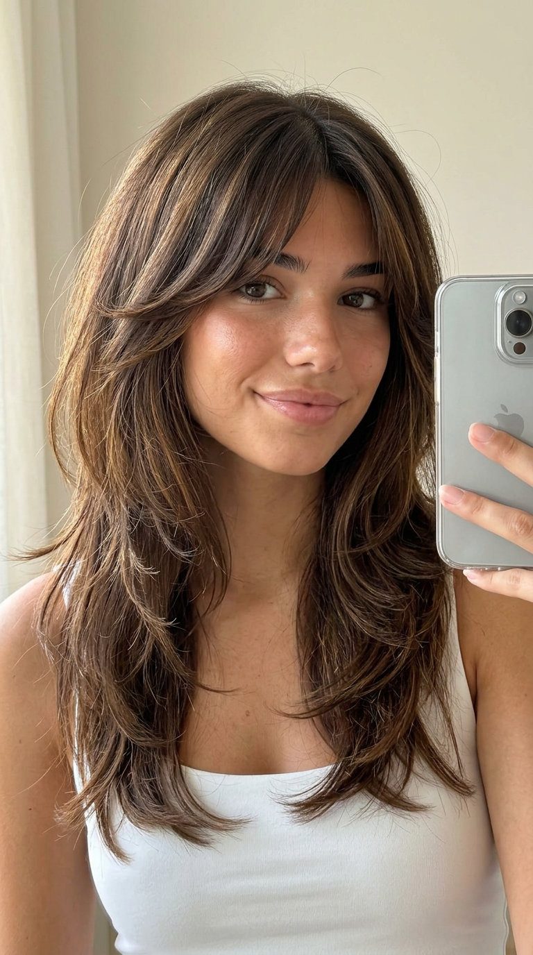 long espresso brunette shag with sun-drenched amber micro-lights, '70s curtain bangs, retro tousled