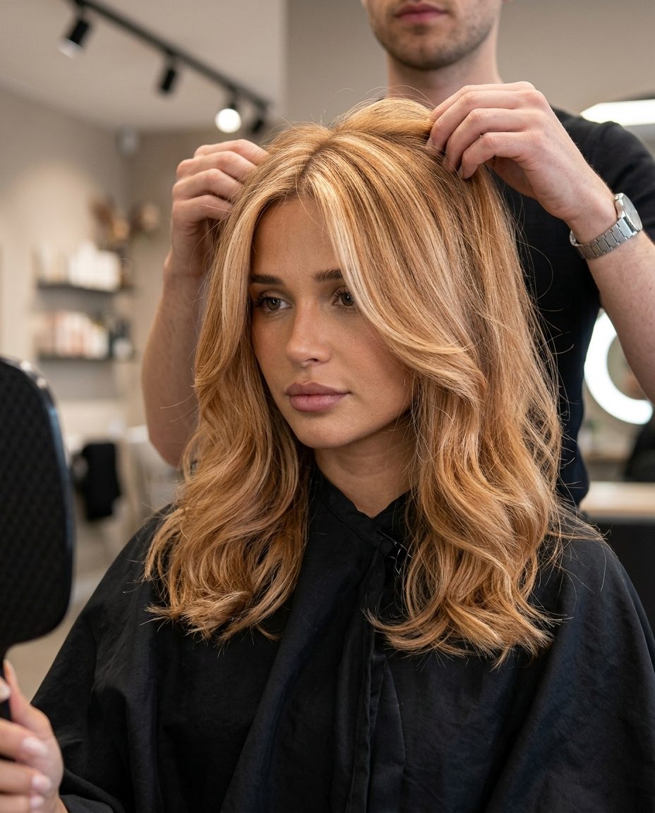 long sun-kissed halo strawberry blonde with golden crown highlights, soft peach and gold blend — effortless natural style