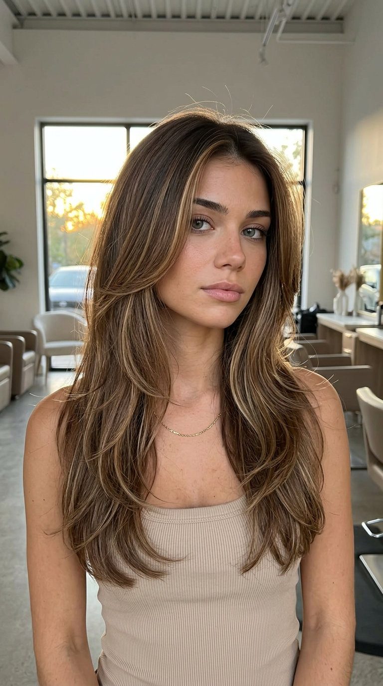 long layered warm chocolate brunette with caramel honey sun-streaks, balayage for natural look