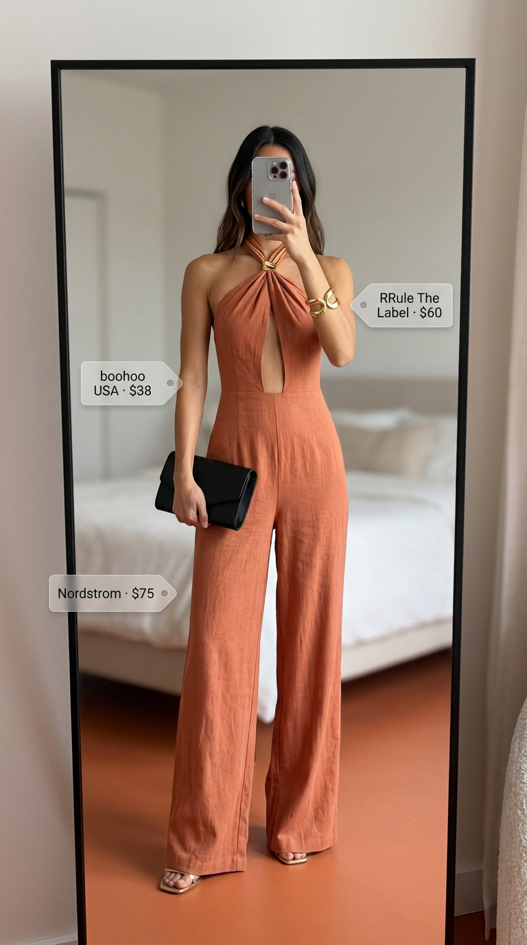 Sunset Glow Linen Jumpsuit 2026 Sophisticated terracotta orange linen jumpsuit for summer evening events and cocktail parties in 2026.