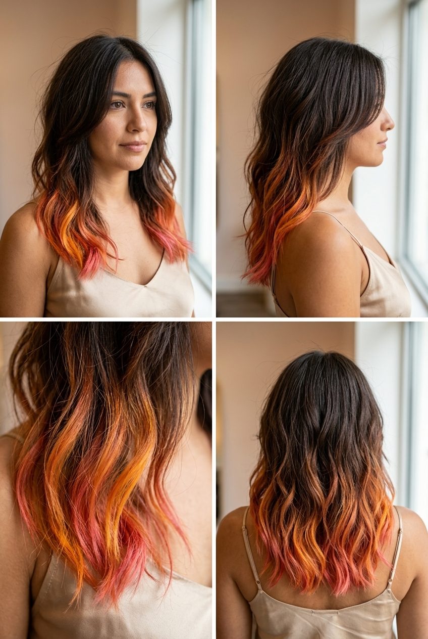 Sunset Strawberry Dip-Dye Hair Color 2026 long dip-dye strawberry blonde hair color with sunset orange, yellow, pink ends, vibrant blend — edgy festival look