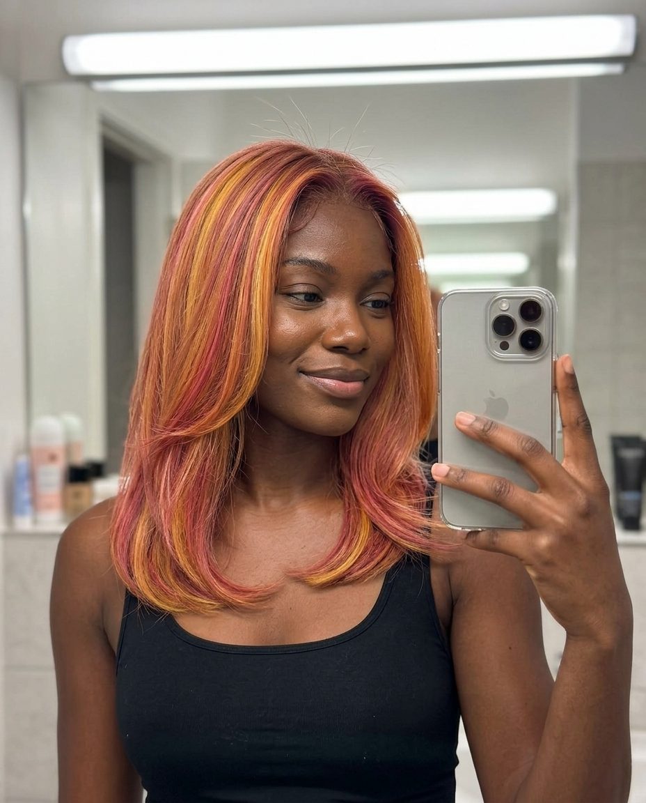 Vibrant Sunset Strawberry Balayage 2026 long sunset strawberry balayage with golden yellow, orange, and pink hues, multi-tonal balayage, no fringe — vibrant music festival